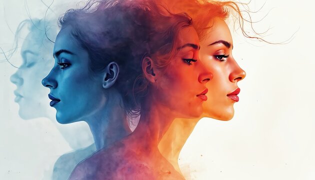 Abstract watercolor female portraits blend. Faces show shifting emotions and moods. Colors transition from blue to warm hues. Artistic graphic for mental health concepts.