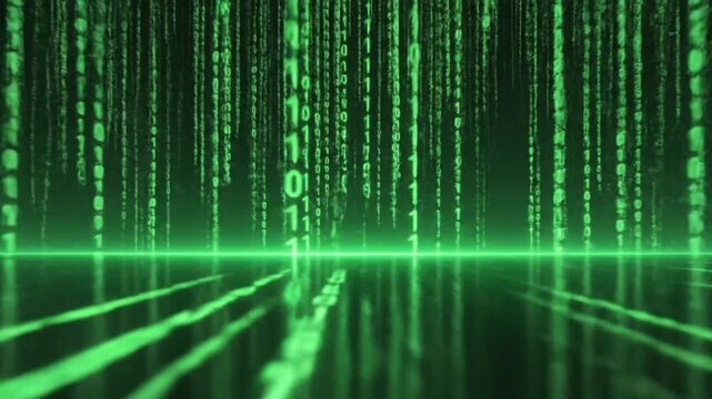 Abstract digital background with falling green binary code and reflection, technology concept.