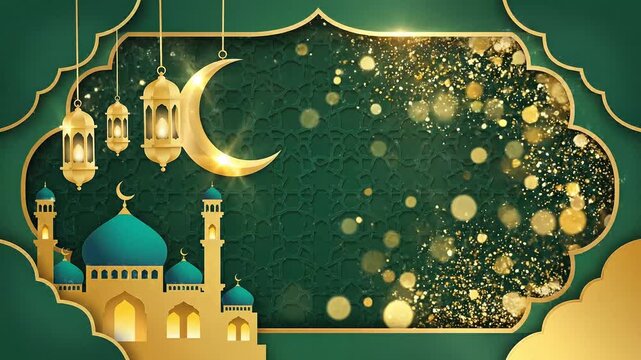 Golden mosque and hanging lanterns with shining moon and glowing particles on green pattern for ramadan kareem and eid mubarak celebration