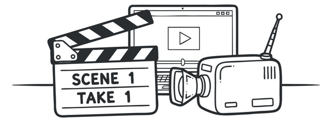 A clapperboard labeled Scene 1 Take 1 alongside a video camera and laptop in black and white minimalist vector style, ideal for film production and media projects