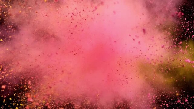 Slow motion vibrant color powder explosion for creative disruption and abstract vivid pigment splash transition with copy space
