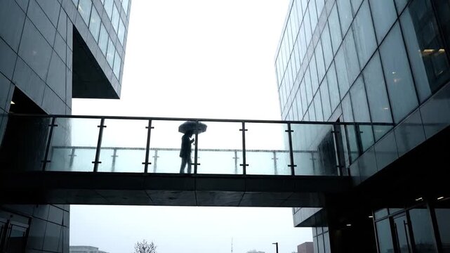 A solitary figure walks left to right across a glass skybridge connecting two modern office towers under a bright, overcast sky, creating a dramatic high-contrast silhouette.