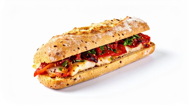 Baguette sandwich with white cheese and roasted red peppers