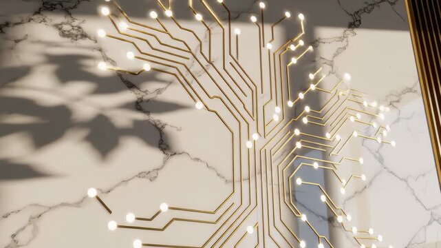 Gold Circuit Board Design Illuminates on a Marble Wall Revealing Tree