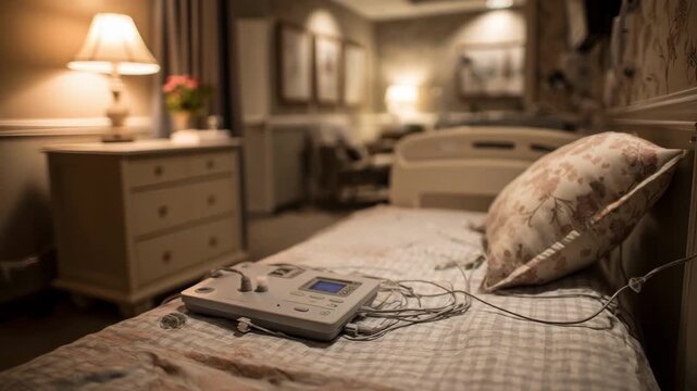 Sleep study room with warm tones emphasizing a closeup on respiratory sensors and a softly lit pediatric bed off to the side.