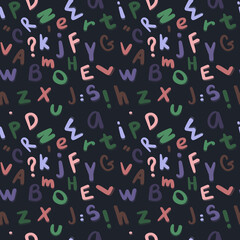 Seamless pattern with randomly scattered English alphabet letters on a dark background. Modern playful design ideal for stationery, notebooks, school supplies, packaging, branding and educational proj
