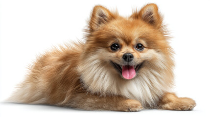 Obraz premium Adorable fluffy Pomeranian dog lying down with a happy face, isolated on white