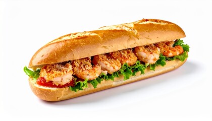 Baguette submarine sandwich filled with crispy fried shrimp and lettuce