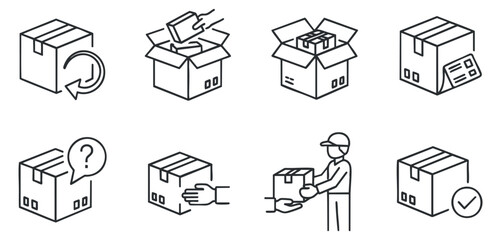 A collection of shipping and packaging icons in minimalist outline vector style, ideal for logistics and e-commerce applications