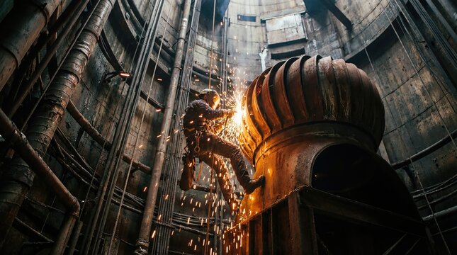 Industrial Welder Repairing Metal Structure In Confined Shaft With Sparks