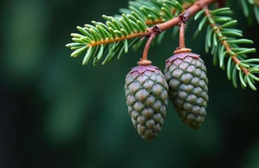 Obraz premium Two young green pine cones hang from spruce tree branch with its needles visible. Cones have visible scales and dark purple top. Blurred dark green background complements foreground detail.