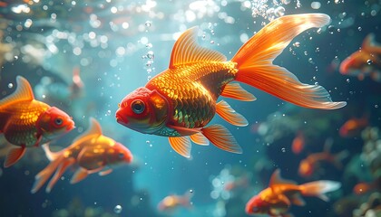 Vibrant orange goldfish swimming underwater freely.