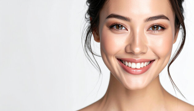 Cara de una mujer joven sonriente con piel sana y dientes blancos con fondo blanco, concepto de belleza natural, cuidado personal, salud, bienestar, cosm&eacute;tica, confianza y estilo de vida saludable