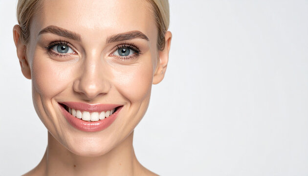 Cara de una mujer joven sonriente con piel sana y dientes blancos con fondo blanco, concepto de belleza natural, cuidado personal, salud, bienestar, cosm&eacute;tica, confianza y estilo de vida saludable