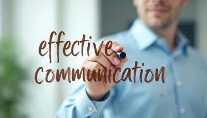 Obraz na płótnie Canvas Man writes effective communication on transparent screen. He uses pen to write text. Modern business concept about talking and sharing ideas. Teamwork goal.