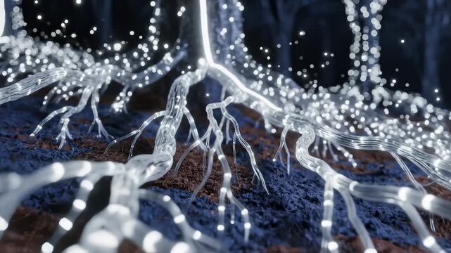Abstract Root System With Glowing Orbs Animating Through Forest Floor