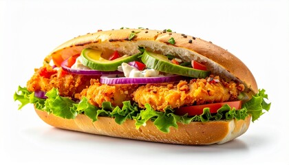 Long baguette sandwich filled with fried chicken and fresh salad