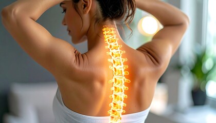 Woman with back pain and spine.