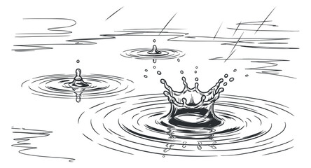 A water splash with ripples and droplets in black and white minimalist vector style, suitable for nature-themed designs