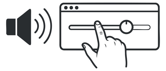 A hand adjusting a volume slider with a speaker icon in flat minimalist vector style, suitable for audio control interfaces
