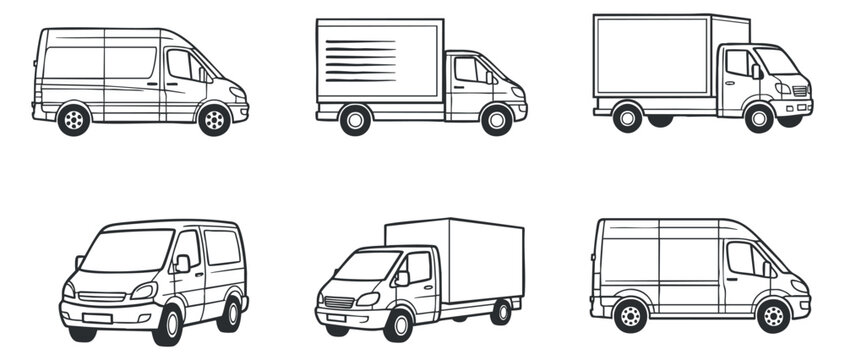 A collection of delivery vans and trucks in simple black and white outline vector style, ideal for logistics and transportation designs