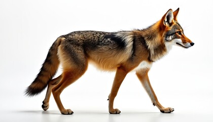 Fototapeta premium Lone coyote walks on white floor. Wild canine animal with fur and bushy tail. This predator is isolated, studio shot. Nature mammal in side profile view. Natural wild animal background.