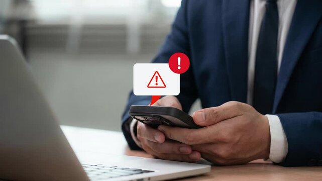 Cybersecurity threat from fake email and SMS alerts on smartphone, with red warning icons indicating phishing messages, identity theft risk, and online fraud targeting mobile users, 4k video clip