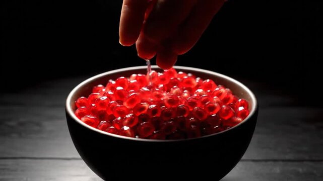 A hand carefully adds glistening red spheres, like pomegranate seeds or molecular caviar, into a black bowl already full of the vibrant red jewels, highlighted by dramatic low-key lighting.