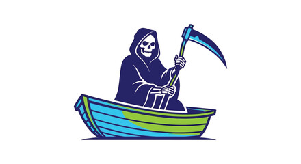 dark grim reaper sitting in a boat, dark blue and purple color scheme, detailed woodcarving style illustration, digital art
