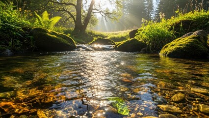 Serene forest stream with mossy banks.