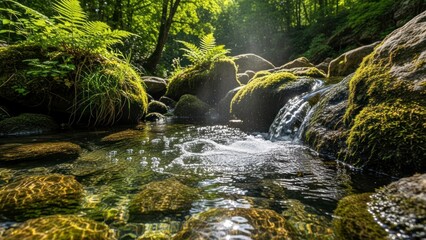 Fototapeta premium Serene forest stream with mossy rocks.