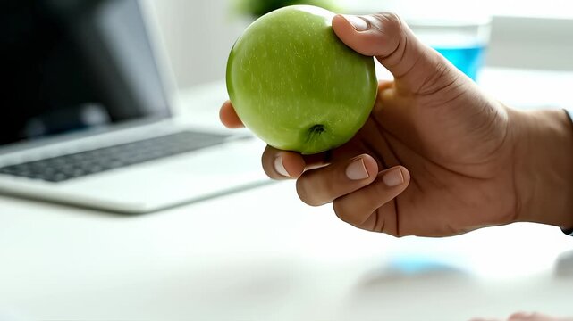 Man Takes Green Apple From Desk Near Laptop for Healthy Snack Break