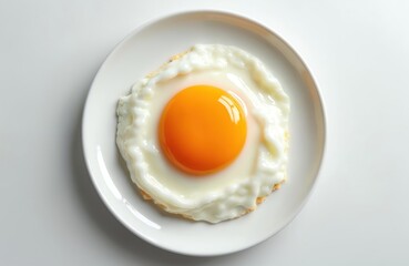 Single fried egg with bright orange yolk served on white plate. Isolated on white background. Perfect for breakfast recipes or food blogs. Nutritious meal prep.