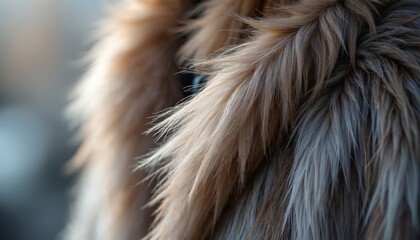 Naklejka premium Close-up of soft faux wolf fur with brown and grey tones. Texture shows fluffy strands, suggesting a cozy warm cape or garment. This material looks natural and plush.