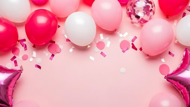 Pink and white balloons with confetti on pink background