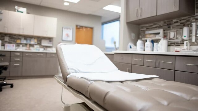 Medium shot of a standard adult exam room setup with neatly arranged medical instruments and a clean examination bed softly blurred storage cabinets in the background.
