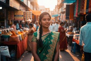 Obraz premium Young indian woman in traditional green sari standing in busy market street during sunset