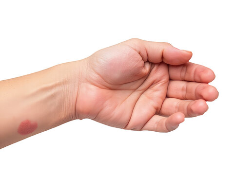 A close-up image of a human hand with a noticeable red spot
