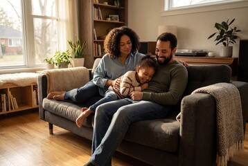 Obraz premium Cheerful mixed race family bonding on a sofa in a cozy sunlit living room during the day at home