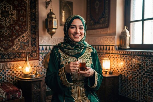 Young muslim woman in green embroidered kaftan holding glass of tea inside traditional ornate room