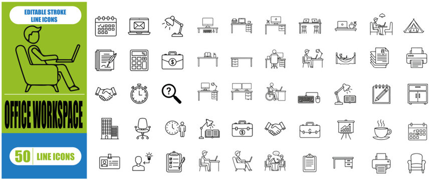 Office workspace line icon set. Containing Workplace, desk, coworking, employee, computer, and more. Editable stroke. Vector illustration