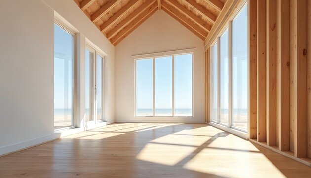Bright room under construction with wood beams, large windows facing the ocean. Interior framing ready for finishing touches. Open space concept with natural light.