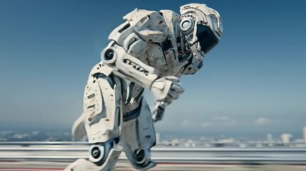 Futuristic humanoid robot sprinting through an urban landscape showcasing technology - Powered by Adobe