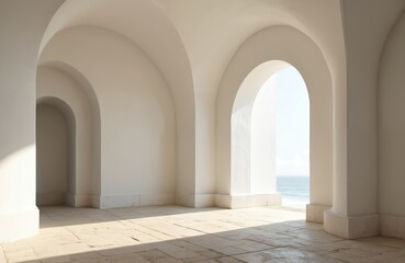 Fototapeta premium Sunlit white arches overlook ocean. Stone floor shows geometric shadows. Minimalist structure leads to tranquil sea view. Serene passage to calm water horizon.