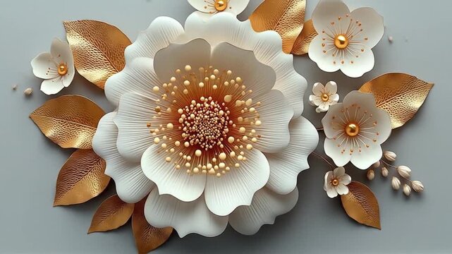 Elegant floral arrangement of white and gold flowers against a subtle backdrop