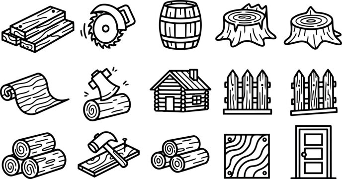 Line art woodworking icon set close up collection of logs planks saw hammer cabin fence and door on white vector grid