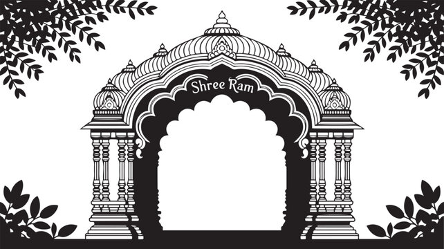 Ornate indian temple archway silhouette with decorative leafy frame