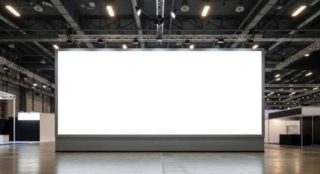 Large blank billboard in modern exhibition hall with professional lighting