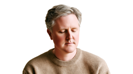 Man eyes closed peaceful expression beige sweater neutral background. Mature male meditation mindfulness moment gratitude awareness. Portrait introspection calm serene lifestyle wellbeing concept.