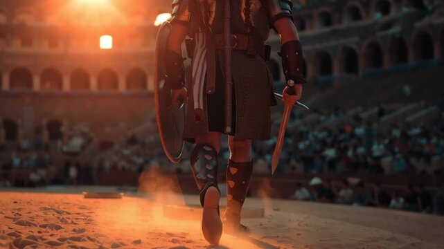 Roman gladiator in full armor holding a shield inside an ancient colosseum at sunset, symbolizing bravery, destiny, and epic historical combat.